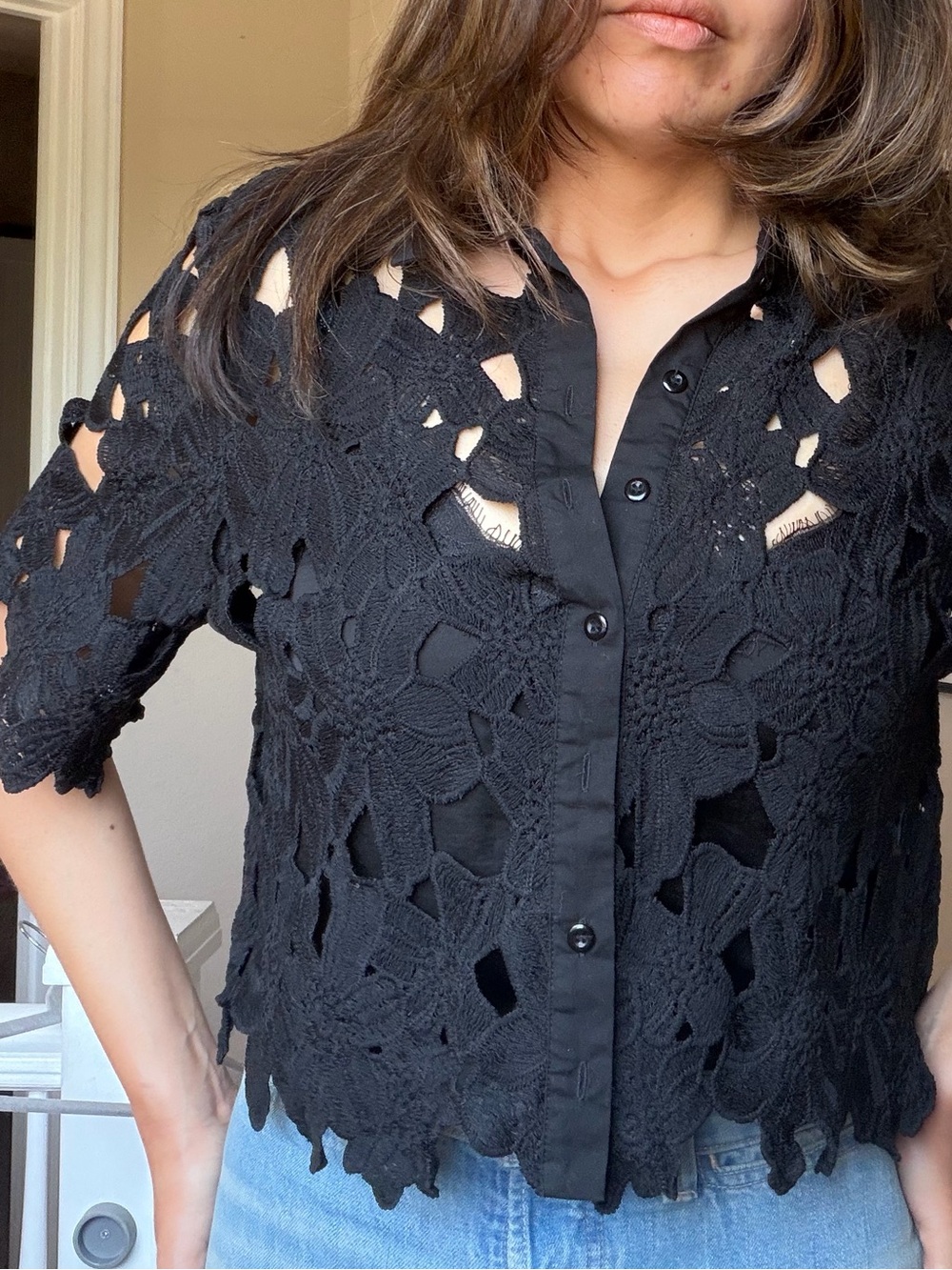 Black Floral Lace Button Front Blouse Size M - Picture 2 of 7